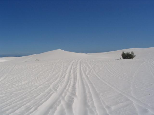 Vehicle tracks running straight across rippled white sand toward distant dunes