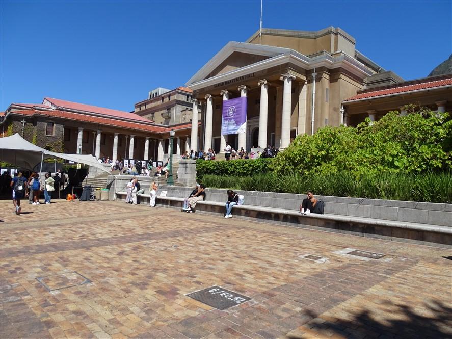 Columned portico of Sarah Baartman Hall above the stone plaza on UCT upper campus